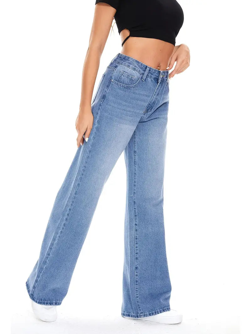 Women's Blue Washed Wide Leg Baggy Boyfriend Jeans