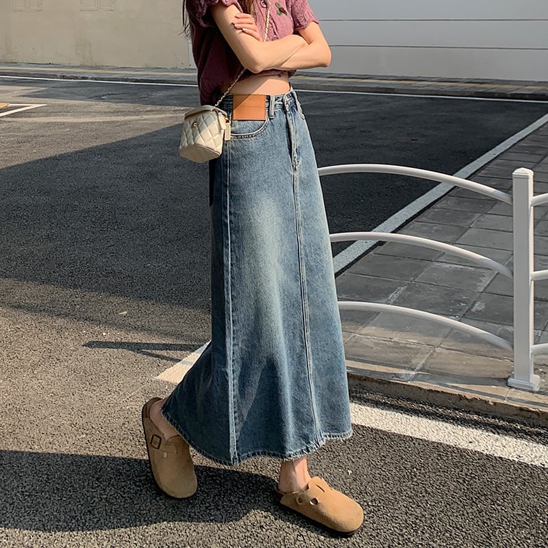 Vintage High Waist Denim Skirt with Contrast Pockets