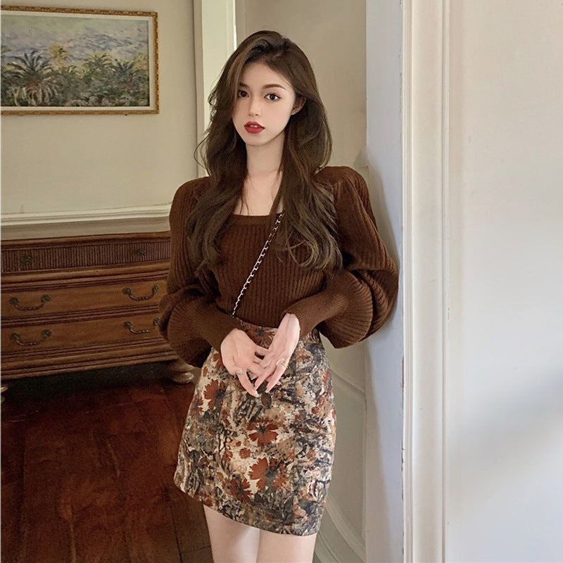 Retro Square Neck Sweater for Women with Lantern Sleeves