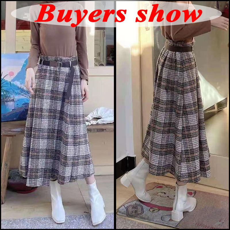 Thick Retro Plaid Long Skirt for Autumn and Winter