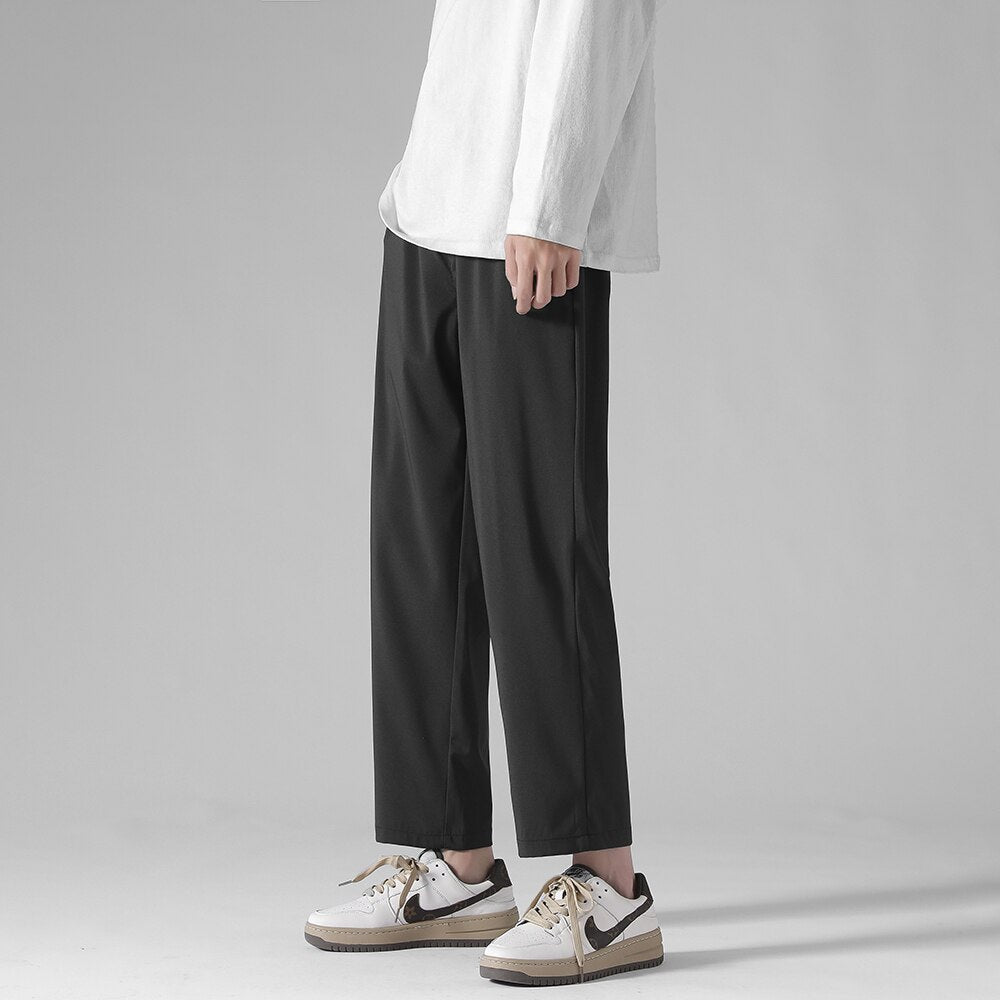 Tide Men's Casual Solid Color Wide Leg Ice Silk Pants