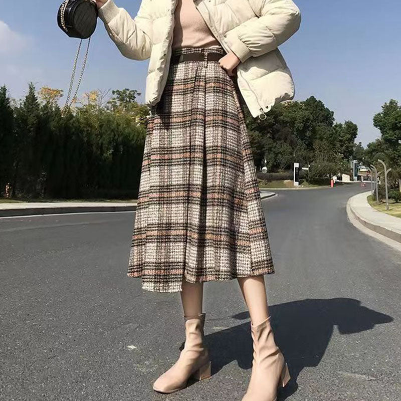 Thick Retro Plaid Long Skirt for Autumn and Winter