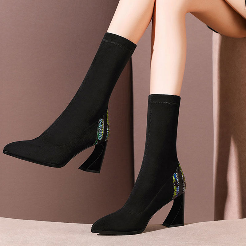 Rhinestone Velvet Pointed Toe High-Heeled Ankle Boots