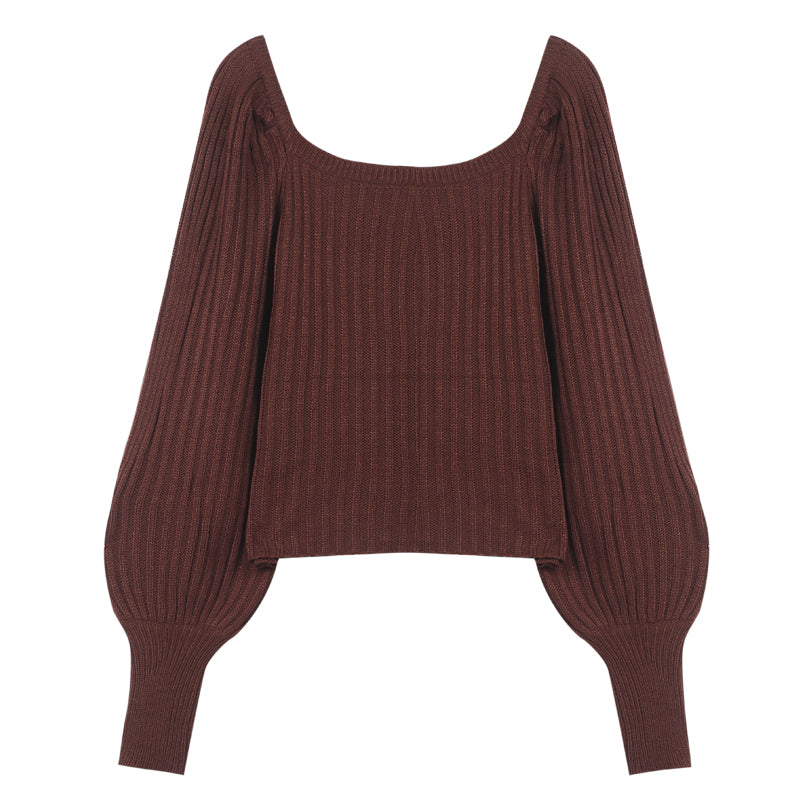 Retro Square Neck Sweater for Women with Lantern Sleeves