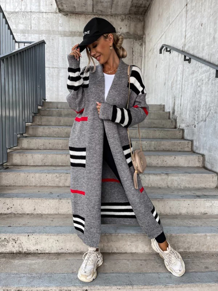 Plus Size Casual Striped Knitted Cardigan for Women