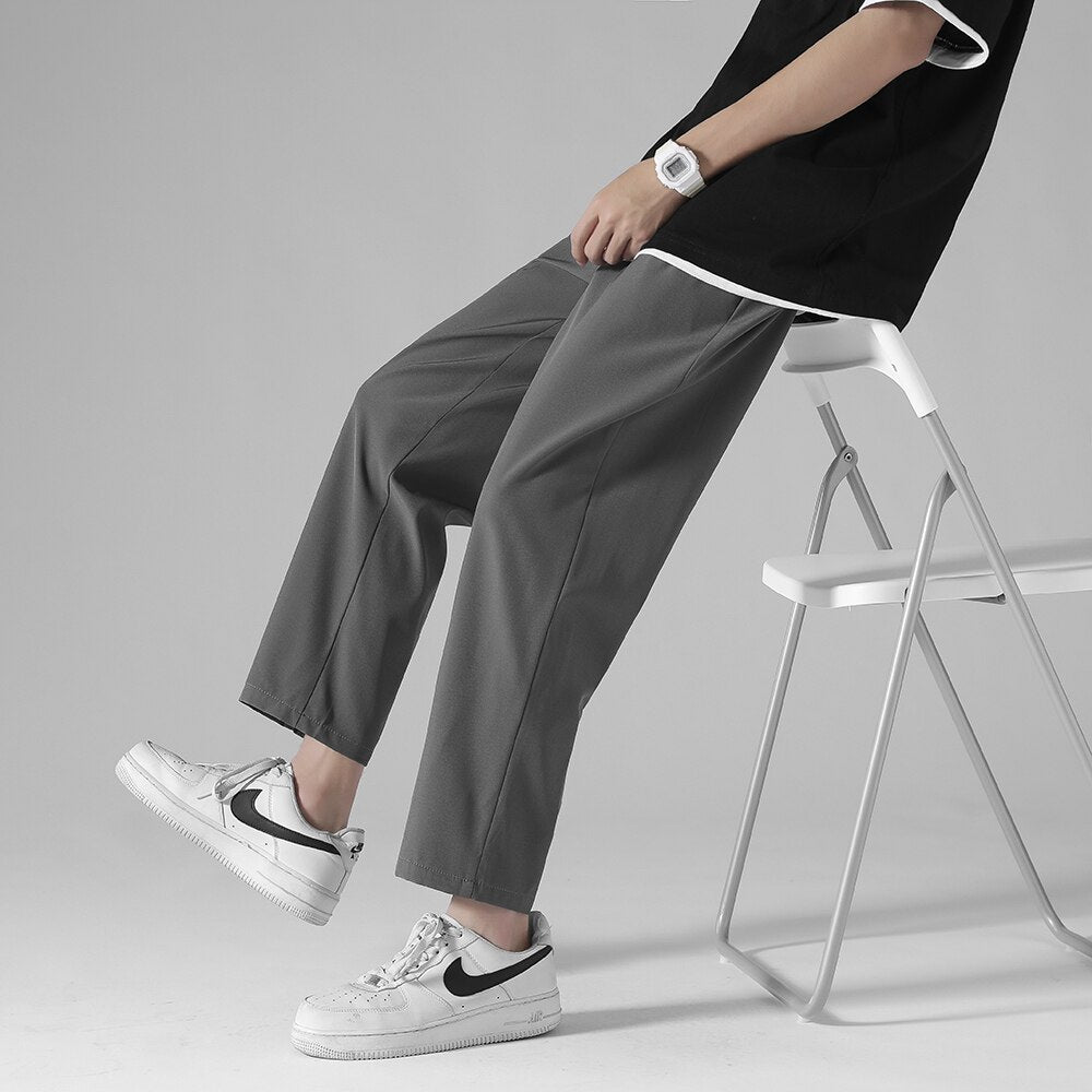Tide Men's Casual Solid Color Wide Leg Ice Silk Pants