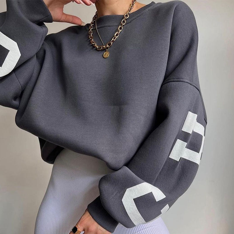 Women's Pullover Hoodie with Alphabet Print and Thick Collar