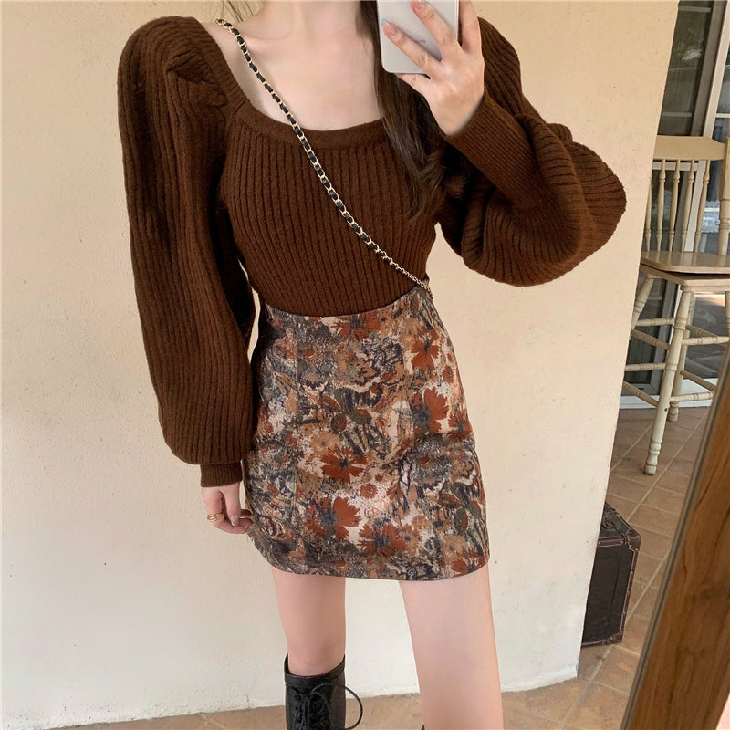 Retro Square Neck Sweater for Women with Lantern Sleeves