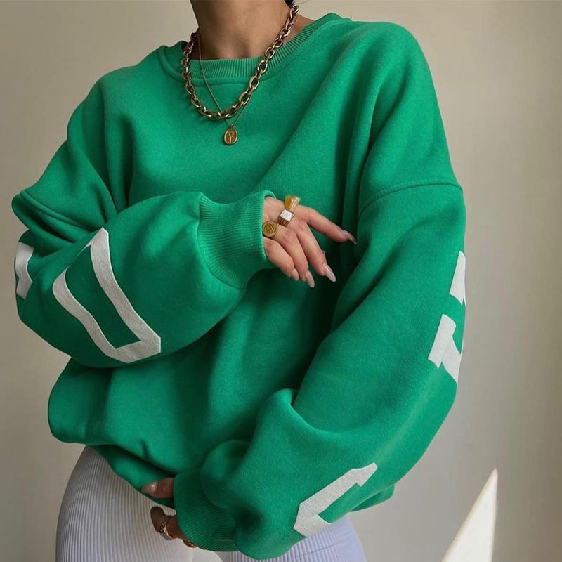 Women's Pullover Hoodie with Alphabet Print and Thick Collar
