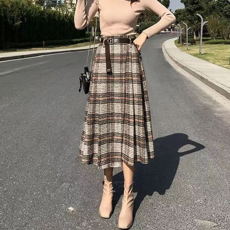 Thick Retro Plaid Long Skirt for Autumn and Winter