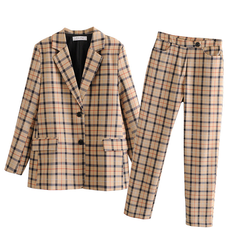 Fashionable Women's Plaid Blazer and Casual Pants Set