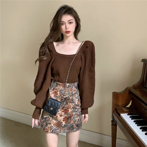 Retro Square Neck Sweater for Women with Lantern Sleeves