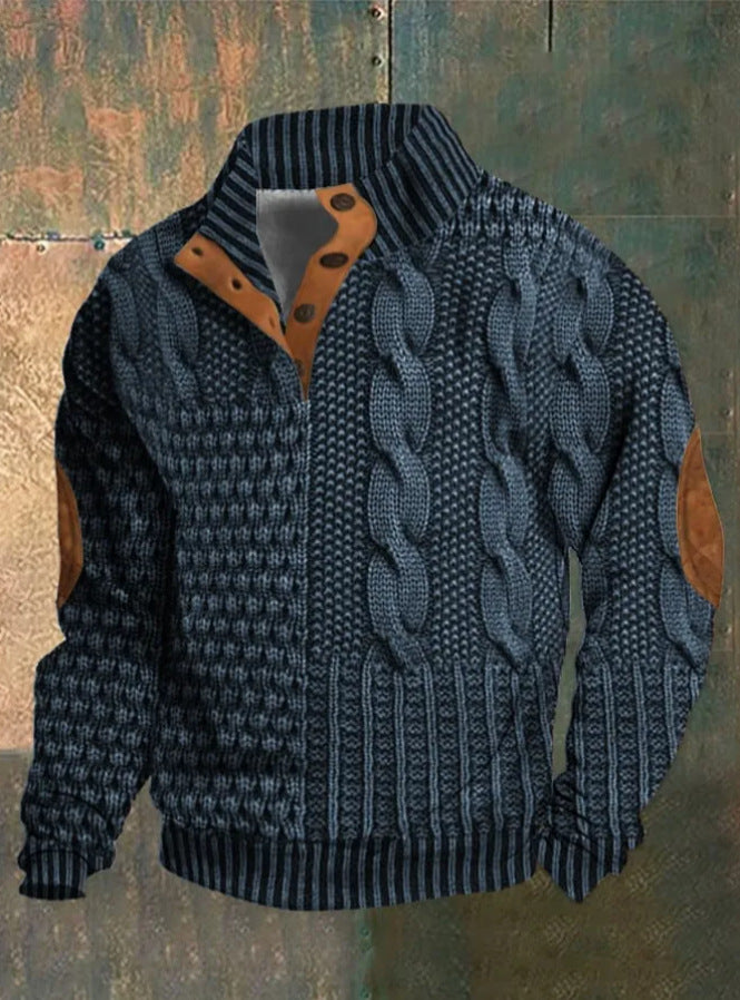 Men's Digital Vintage Printed Stand Collar Sweater
