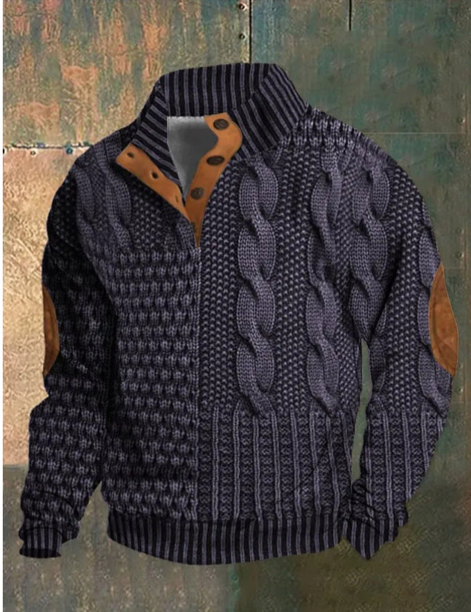 Men's Digital Vintage Printed Stand Collar Sweater