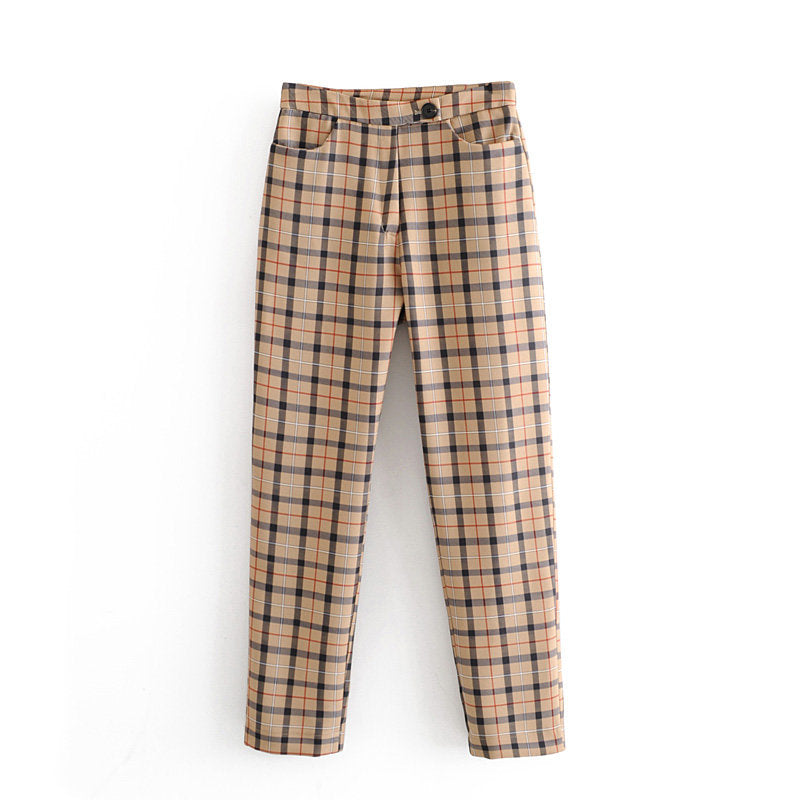 Fashionable Women's Plaid Blazer and Casual Pants Set