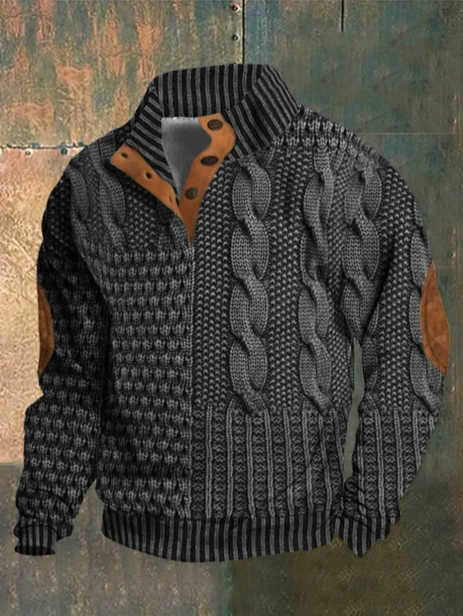 Men's Digital Vintage Printed Stand Collar Sweater