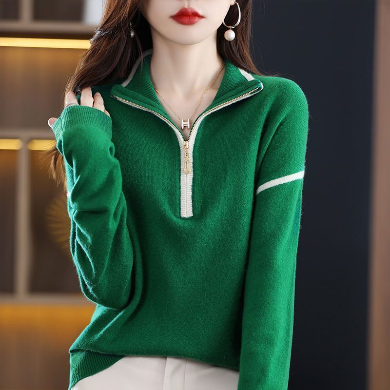 Casual Knitted Zipper Neck Sweater for Spring/Fall