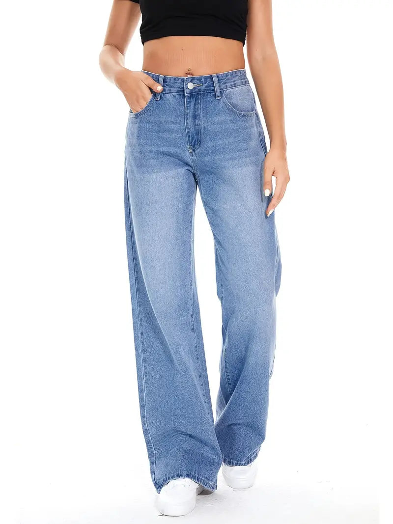Women's Blue Washed Wide Leg Baggy Boyfriend Jeans