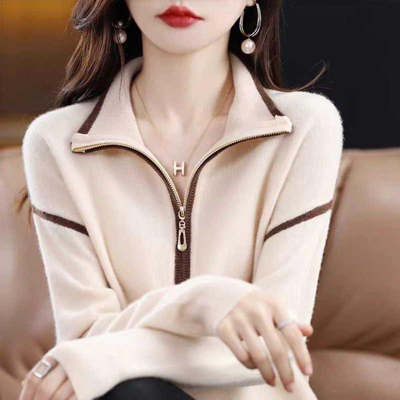 Casual Knitted Zipper Neck Sweater for Spring/Fall