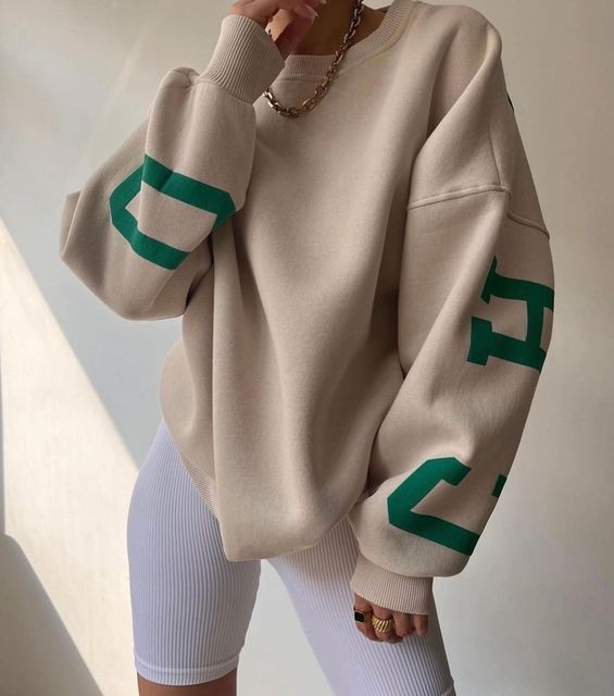 Women's Pullover Hoodie with Alphabet Print and Thick Collar