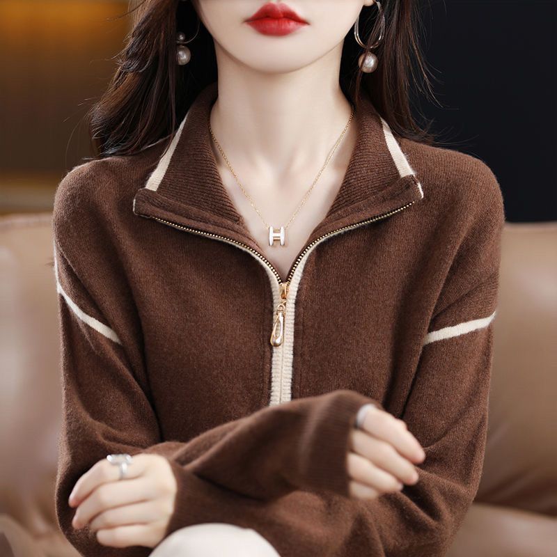 Casual Knitted Zipper Neck Sweater for Spring/Fall