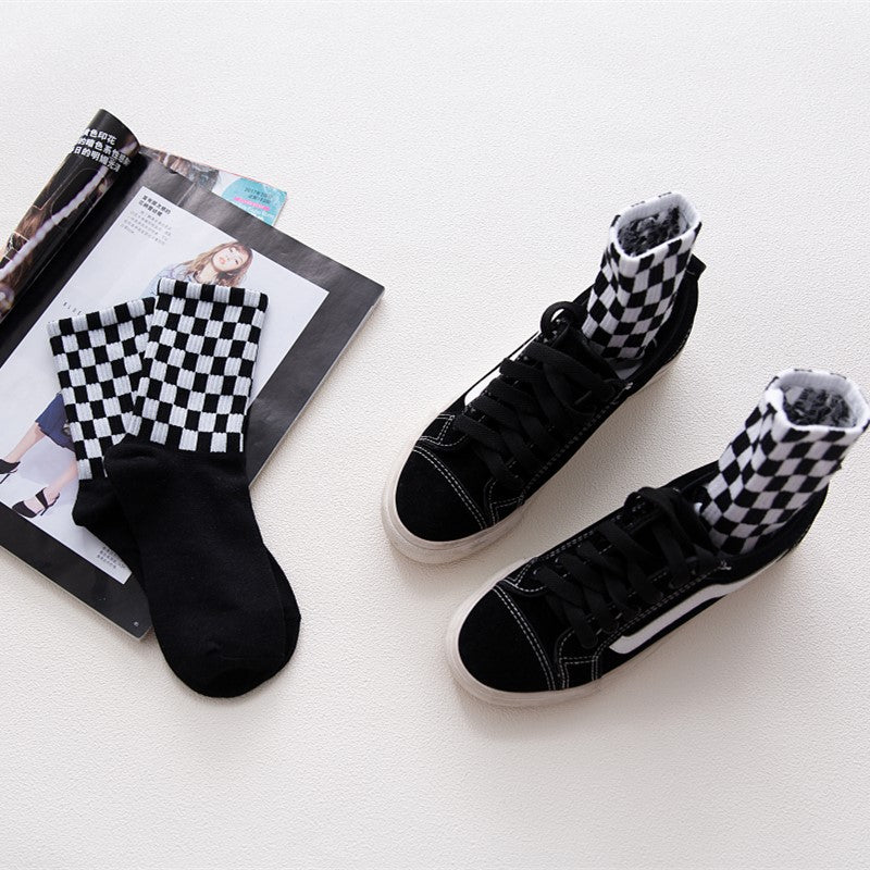 Japanese Style Cotton Black and White Checkered Socks