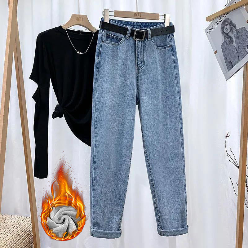 New High-Waisted Fleece-Lined Cropped Jeans