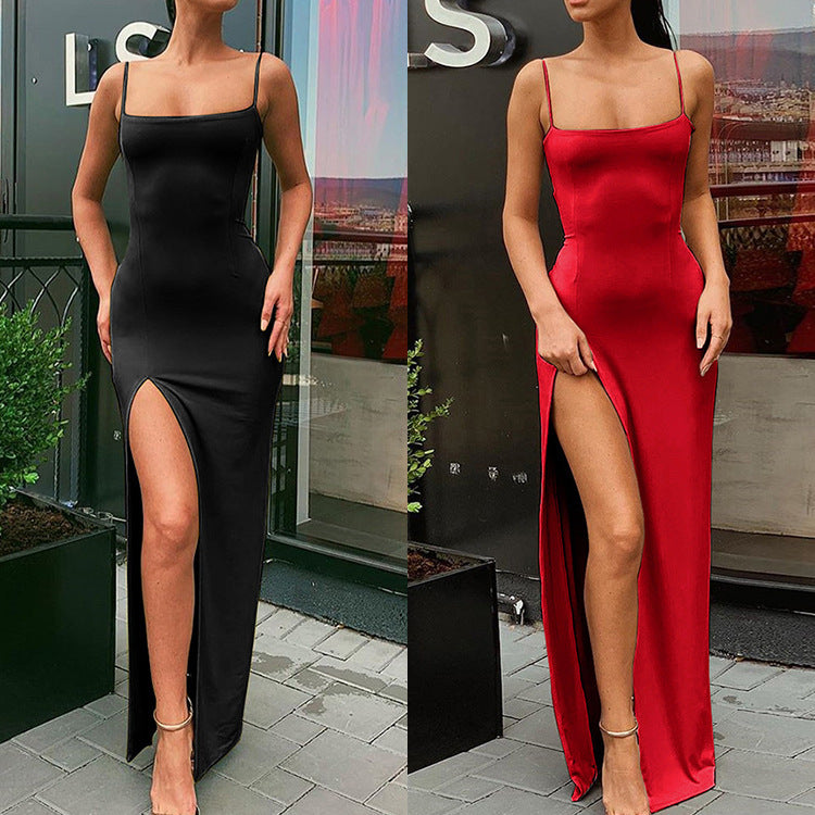 Body-Fitting Solid Color Slit Dress for Women
