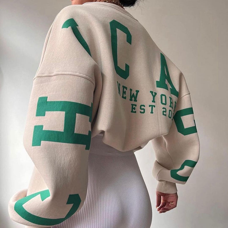 Women's Pullover Hoodie with Alphabet Print and Thick Collar
