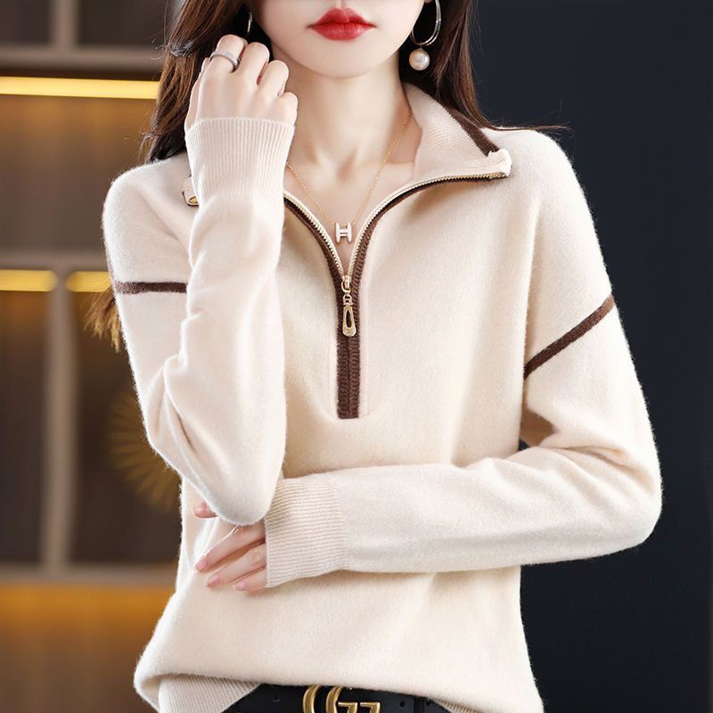 Casual Knitted Zipper Neck Sweater for Spring/Fall