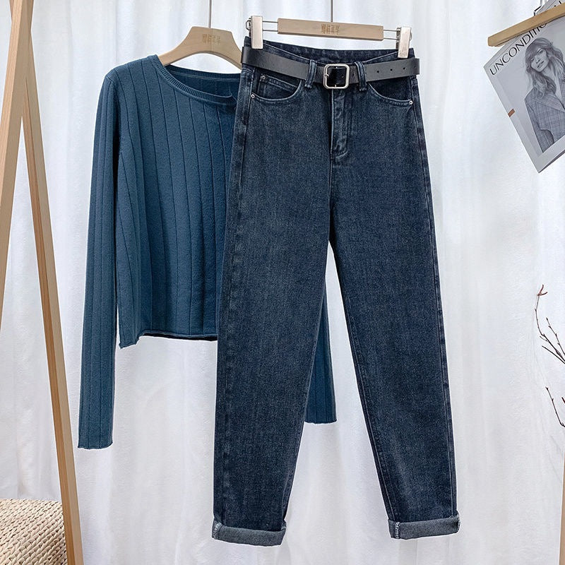New High-Waisted Fleece-Lined Cropped Jeans