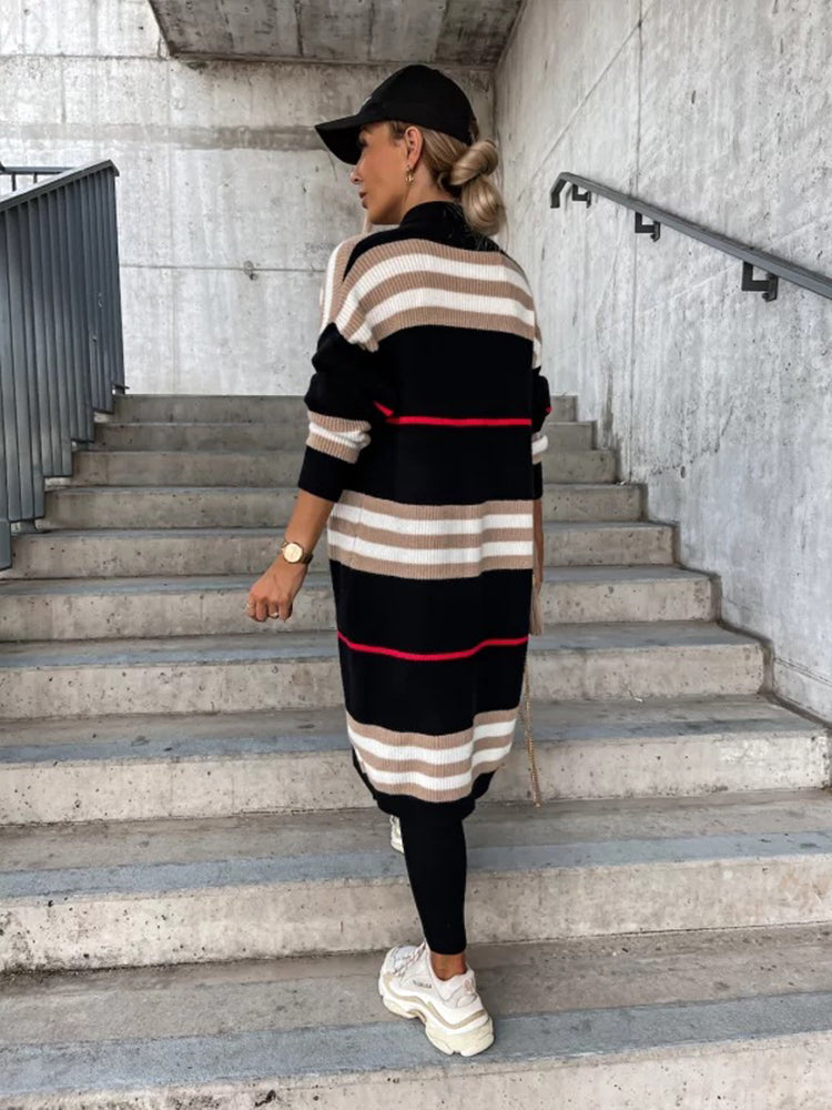 Plus Size Casual Striped Knitted Cardigan for Women