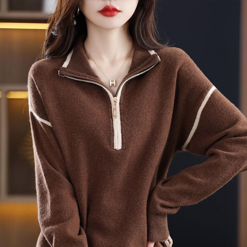 Casual Knitted Zipper Neck Sweater for Spring/Fall