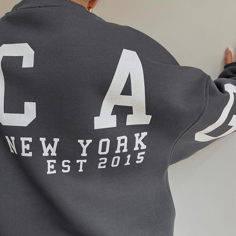 Women's Pullover Hoodie with Alphabet Print and Thick Collar