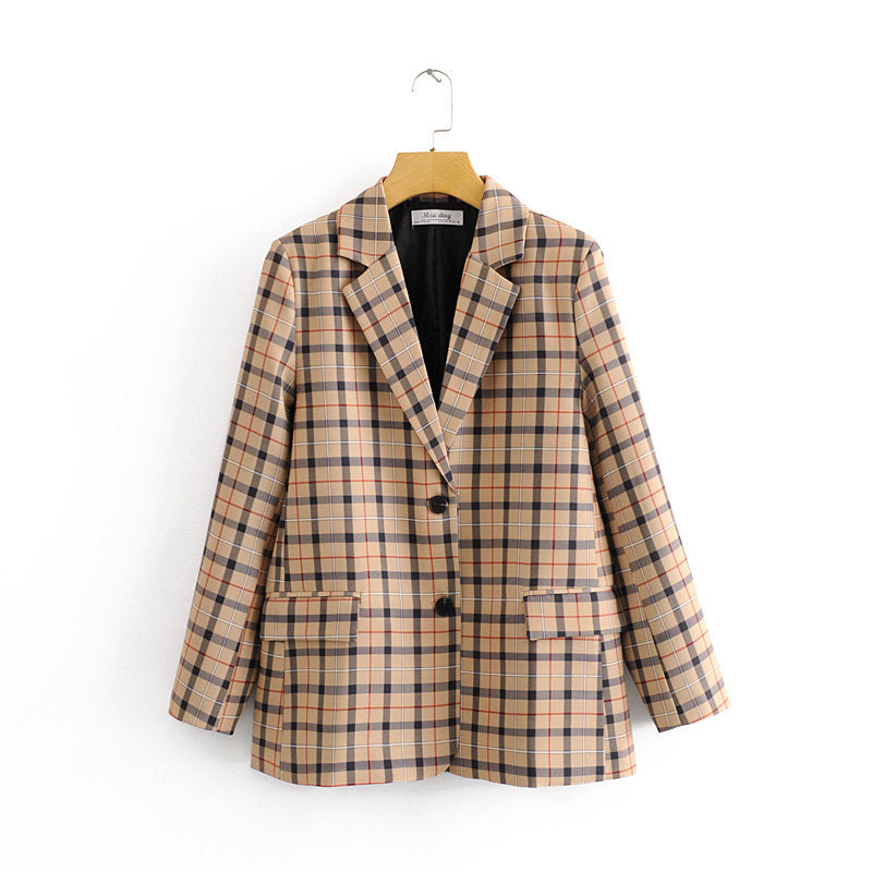 Fashionable Women's Plaid Blazer and Casual Pants Set