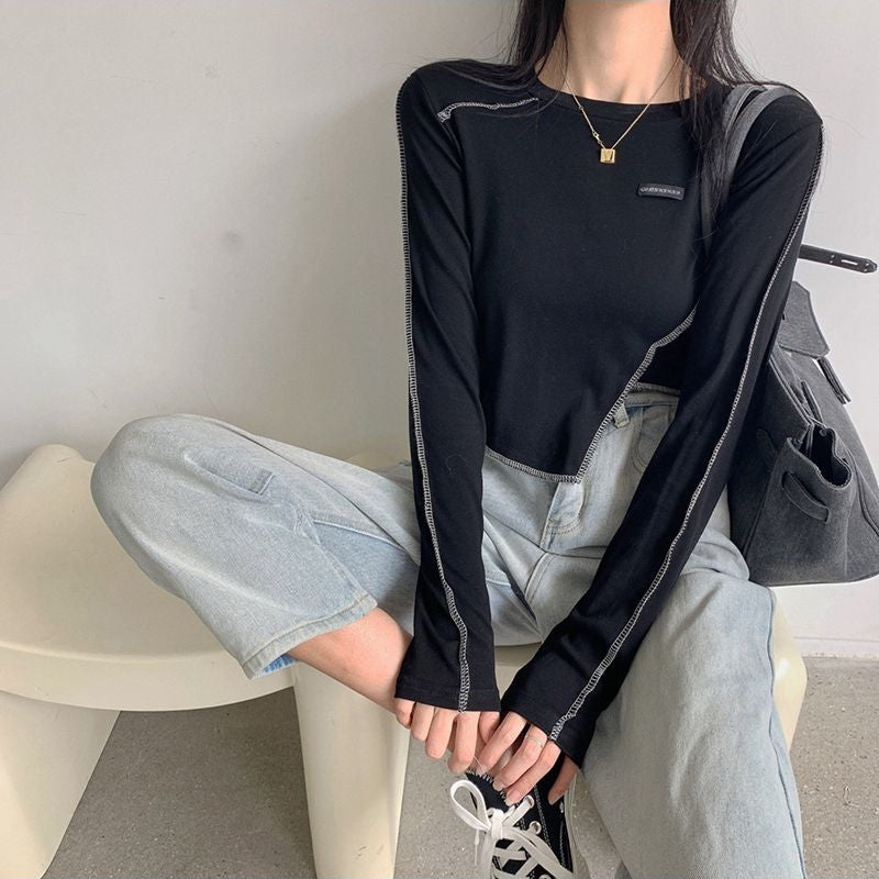 Long Sleeve Women's Slim Asymmetrical Retro T-Shirt