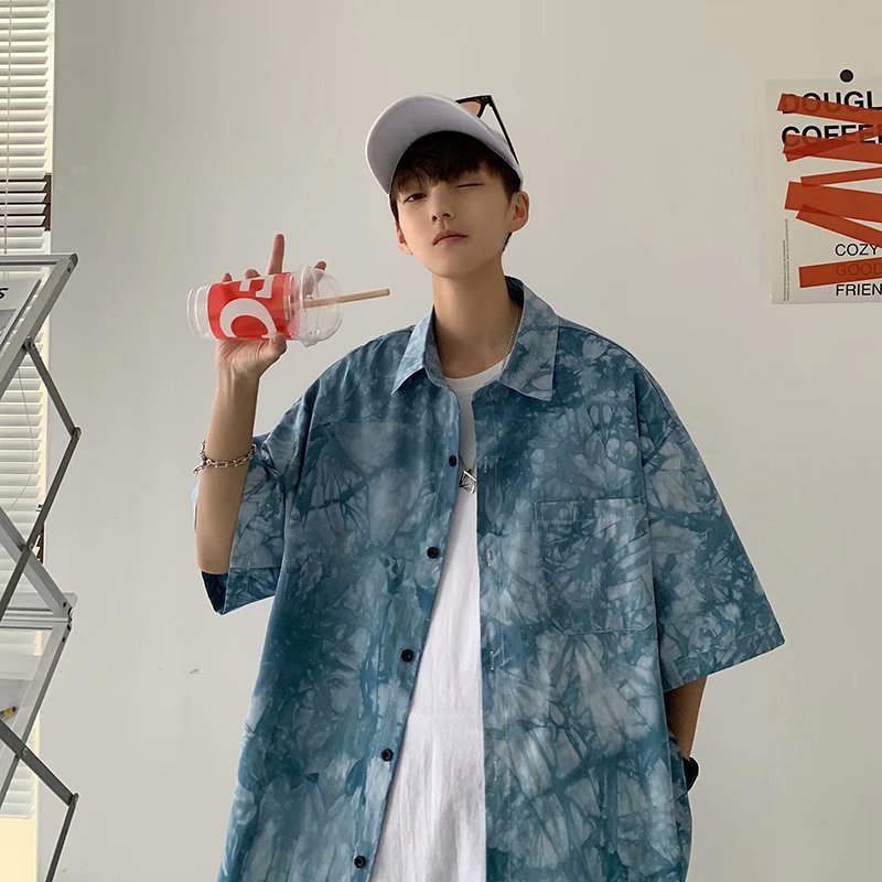 Korean Style Tie Dye Pocket Half Sleeve Shirts for Teens