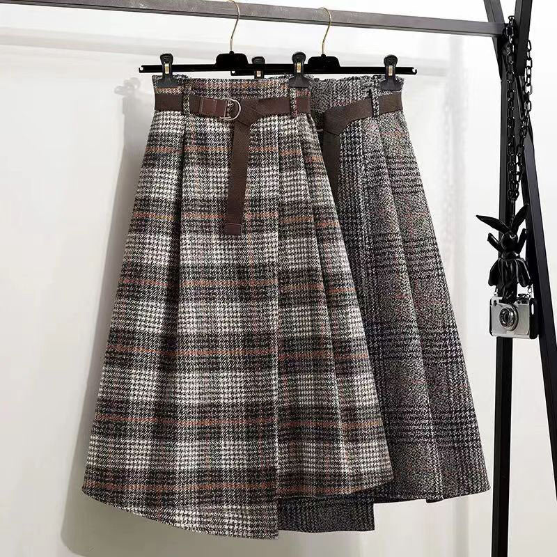 Thick Retro Plaid Long Skirt for Autumn and Winter