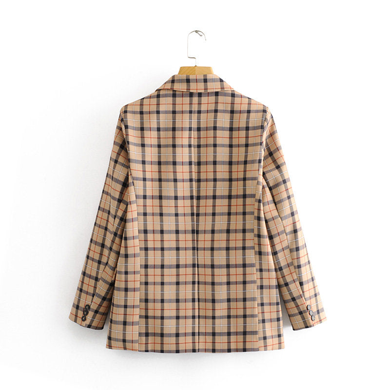 Fashionable Women's Plaid Blazer and Casual Pants Set