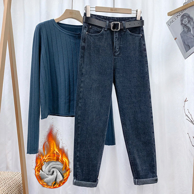 New High-Waisted Fleece-Lined Cropped Jeans