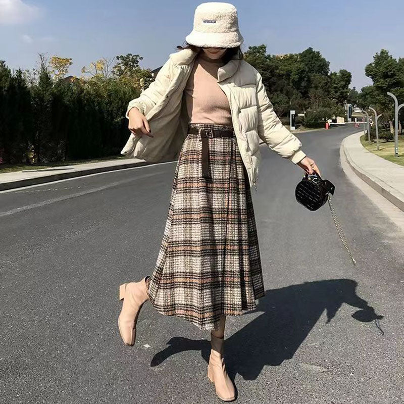 Thick Retro Plaid Long Skirt for Autumn and Winter