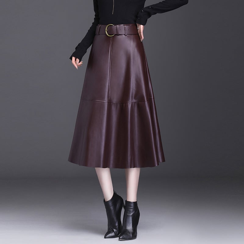 Half-Length Leather Skirt with Metal Buckle Design