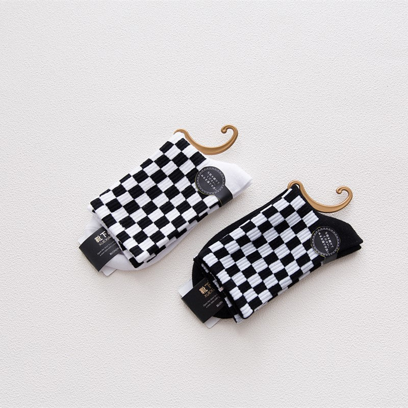 Japanese Style Cotton Black and White Checkered Socks