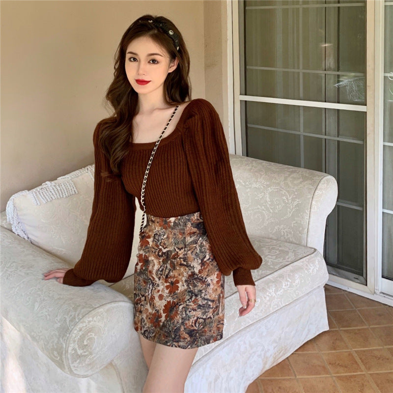 Retro Square Neck Sweater for Women with Lantern Sleeves