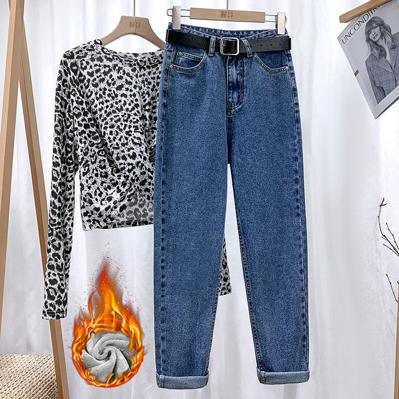 New High-Waisted Fleece-Lined Cropped Jeans