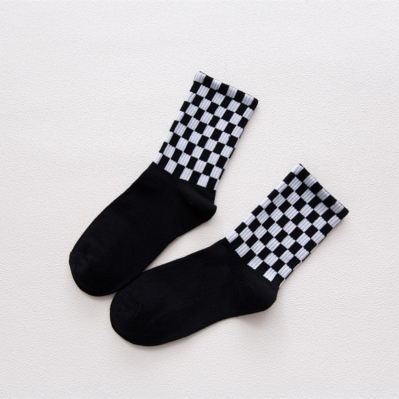 Japanese Style Cotton Black and White Checkered Socks