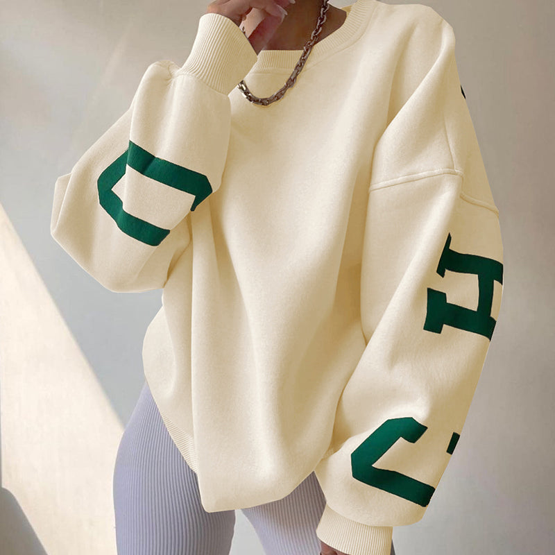 Women's Pullover Hoodie with Alphabet Print and Thick Collar
