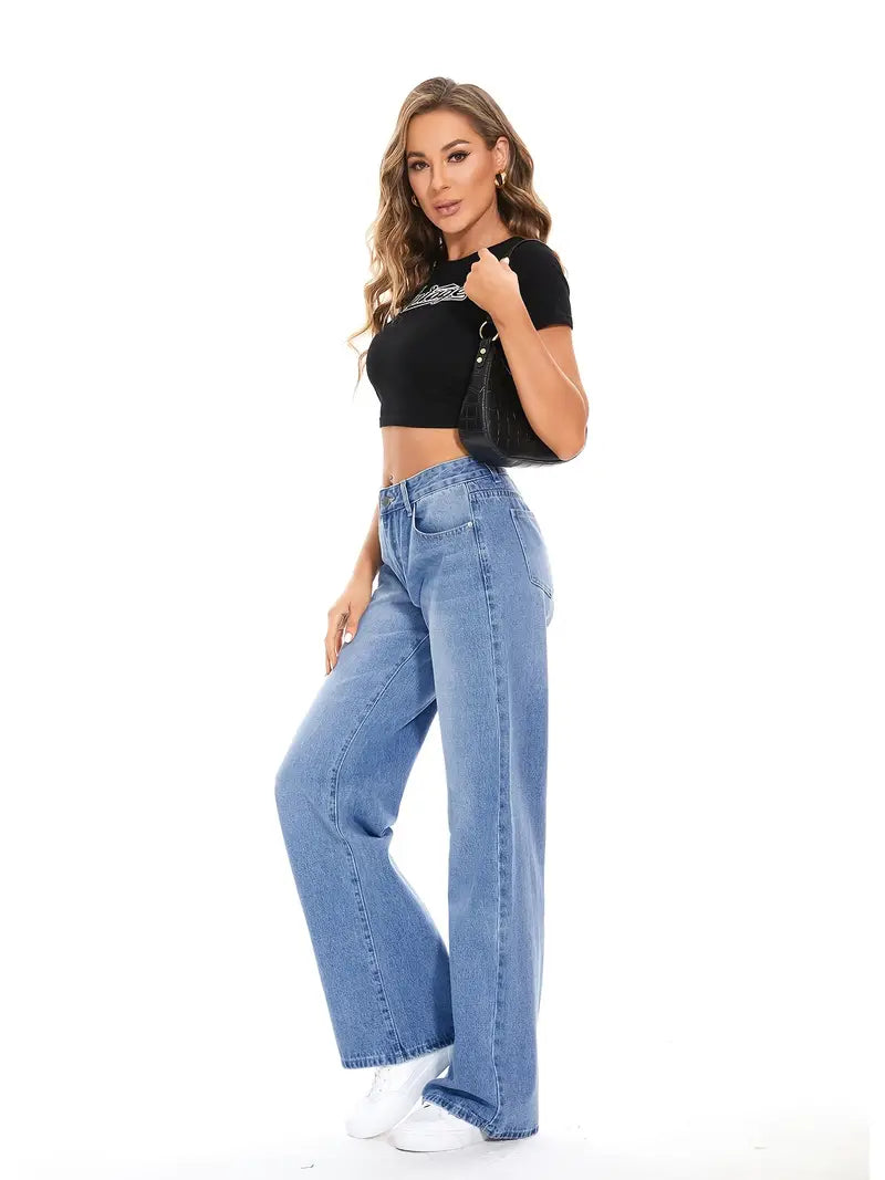 Women's Blue Washed Wide Leg Baggy Boyfriend Jeans