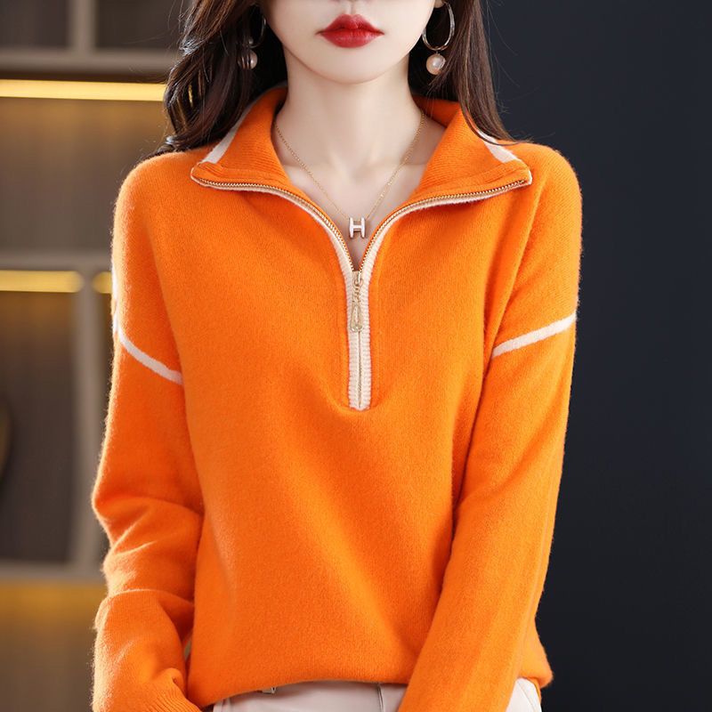 Casual Knitted Zipper Neck Sweater for Spring/Fall