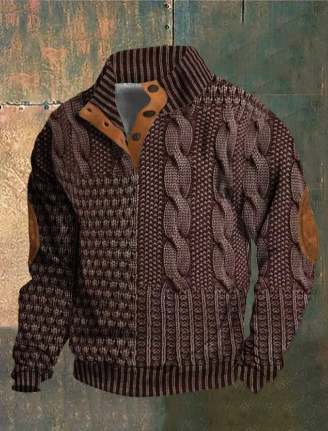 Men's Digital Vintage Printed Stand Collar Sweater